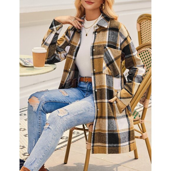 Casual Women's Khaki Plaid Flannel Shacket - Oversized Fit, Long Sleeve Jacket - Picture 5 of 5